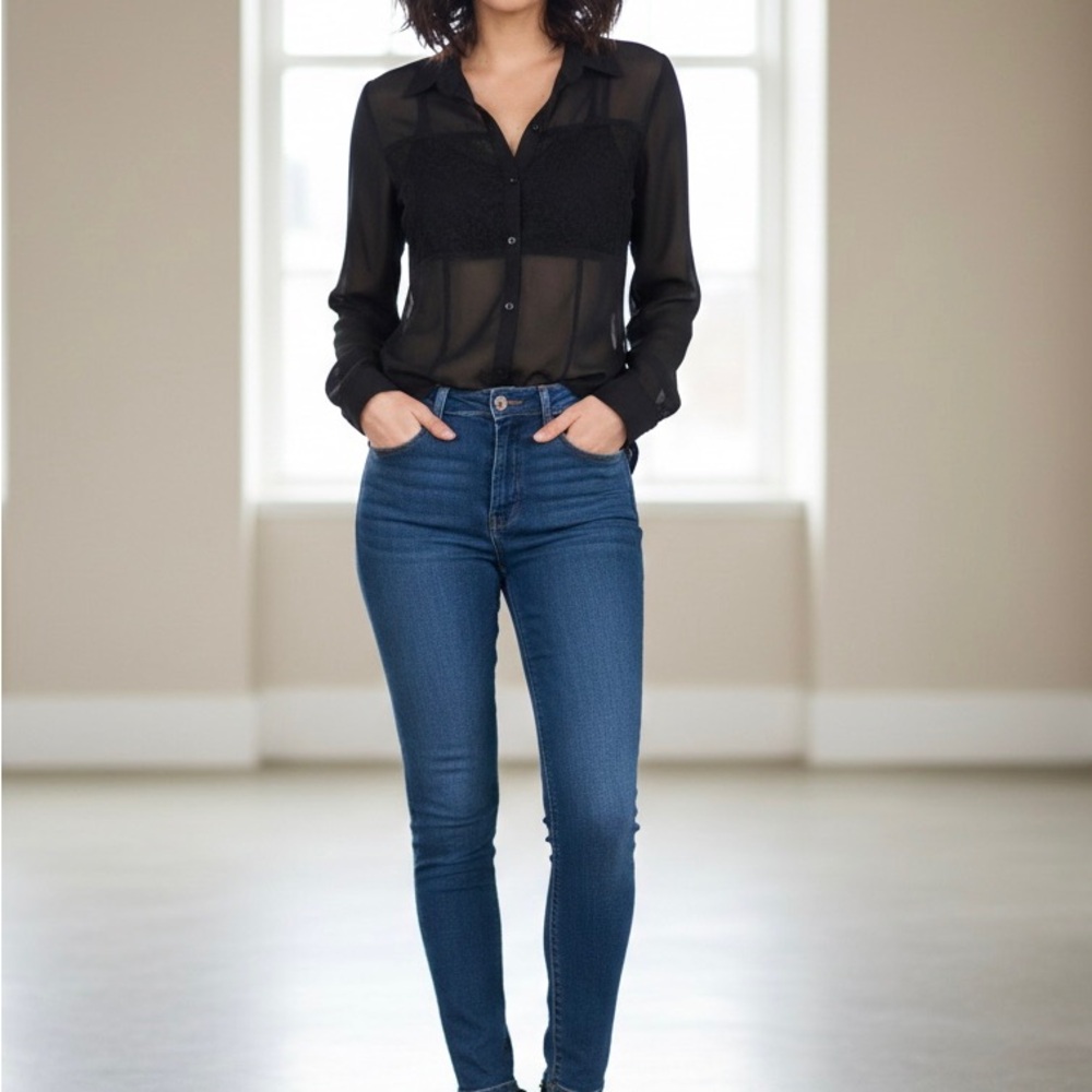 Black button down blouse lace mesh